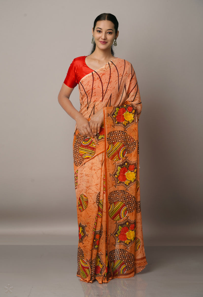 Orange  Fancy Block Printed Georgette Silk Saree-UNM67416