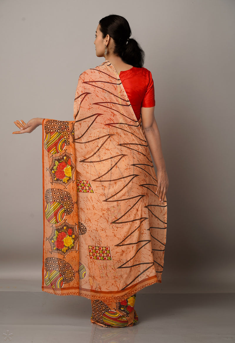 Orange  Fancy Block Printed Georgette Silk Saree-UNM67416