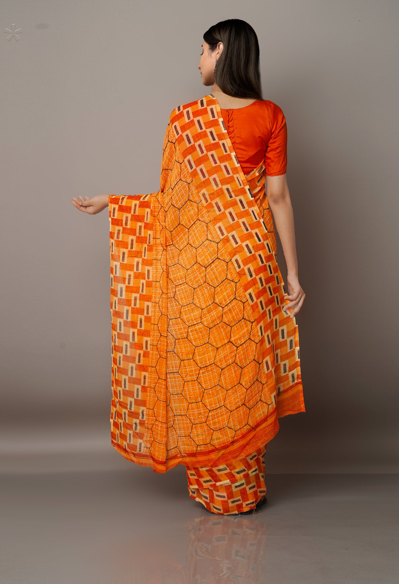 Orange Fancy Block Printed Georgette Silk Saree-UNM67438