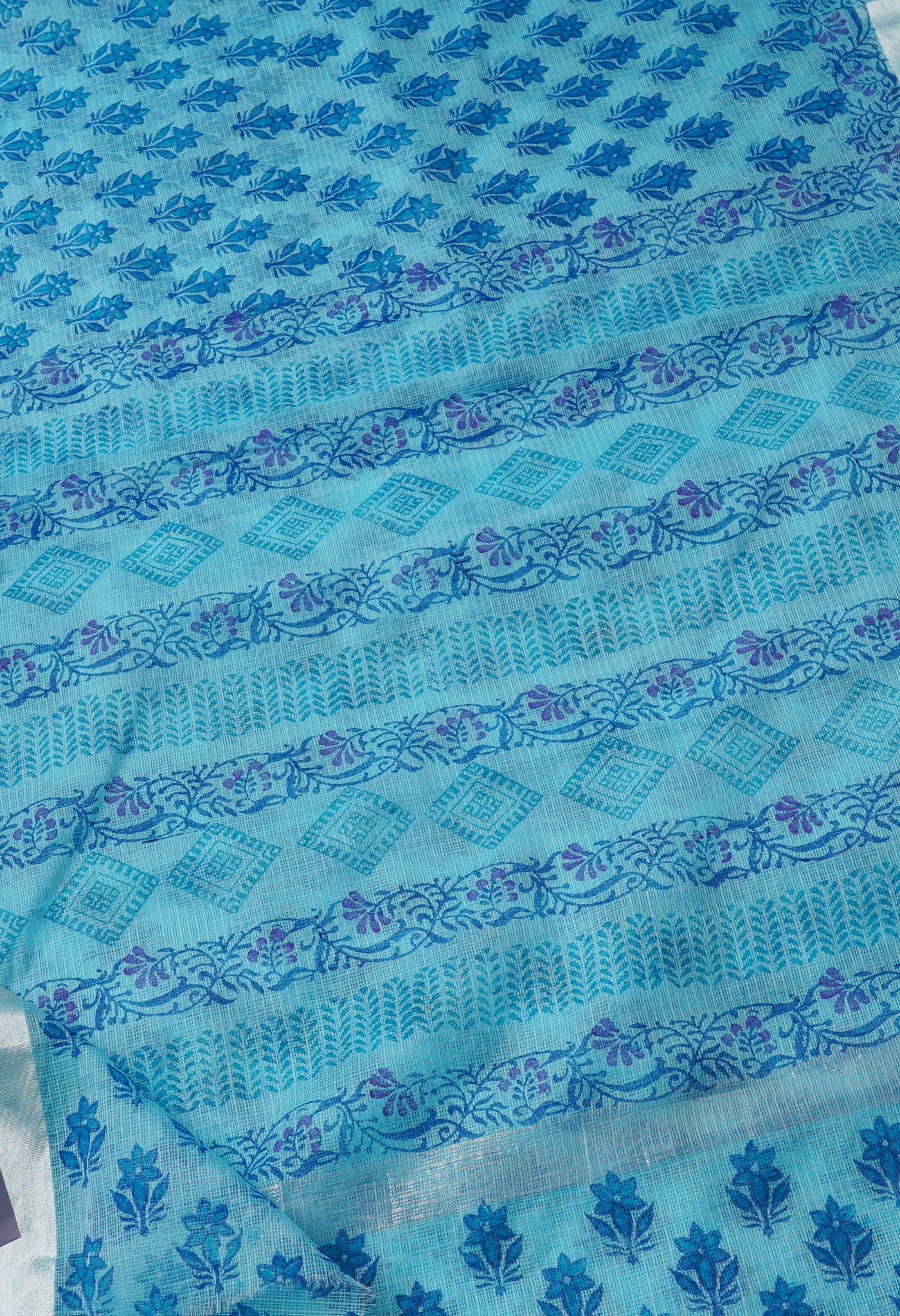 Blue Pure Block Printed Kota  Cotton Saree-UNM67478