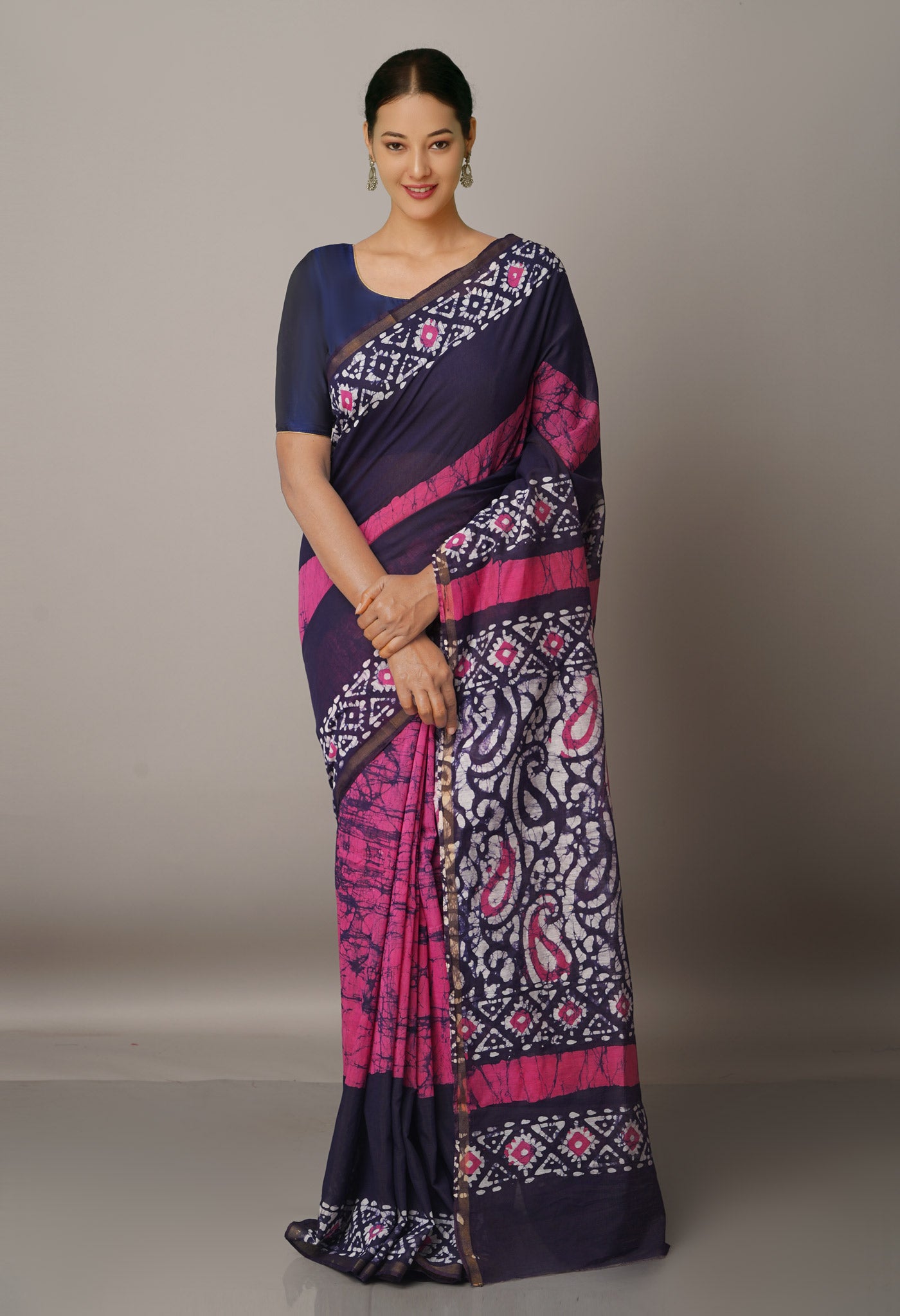 Blue-Pink  Batik Chanderi  Sico Saree-UNM67514