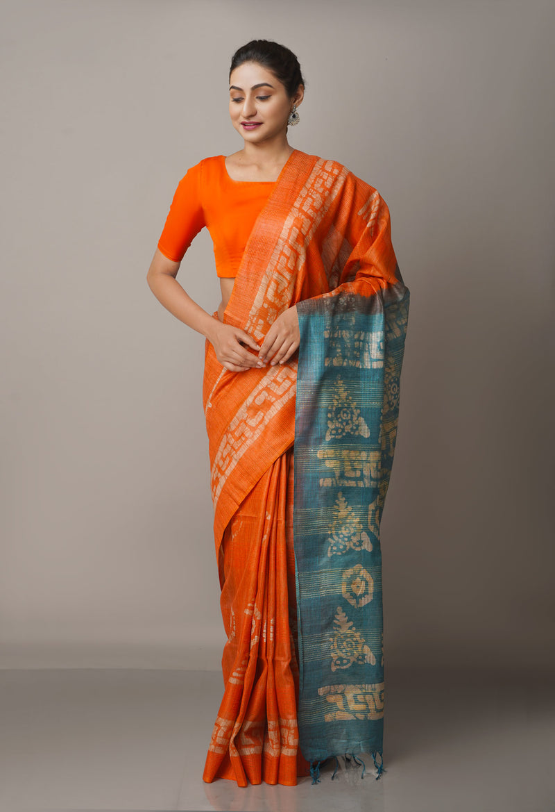 Online Shopping for Bitter Sweet Orange-Cyan Blue Pure Batik Bhagalpuri Sico Saree-UNM67547 with Batik from Bihar at Unnatisilks.com India