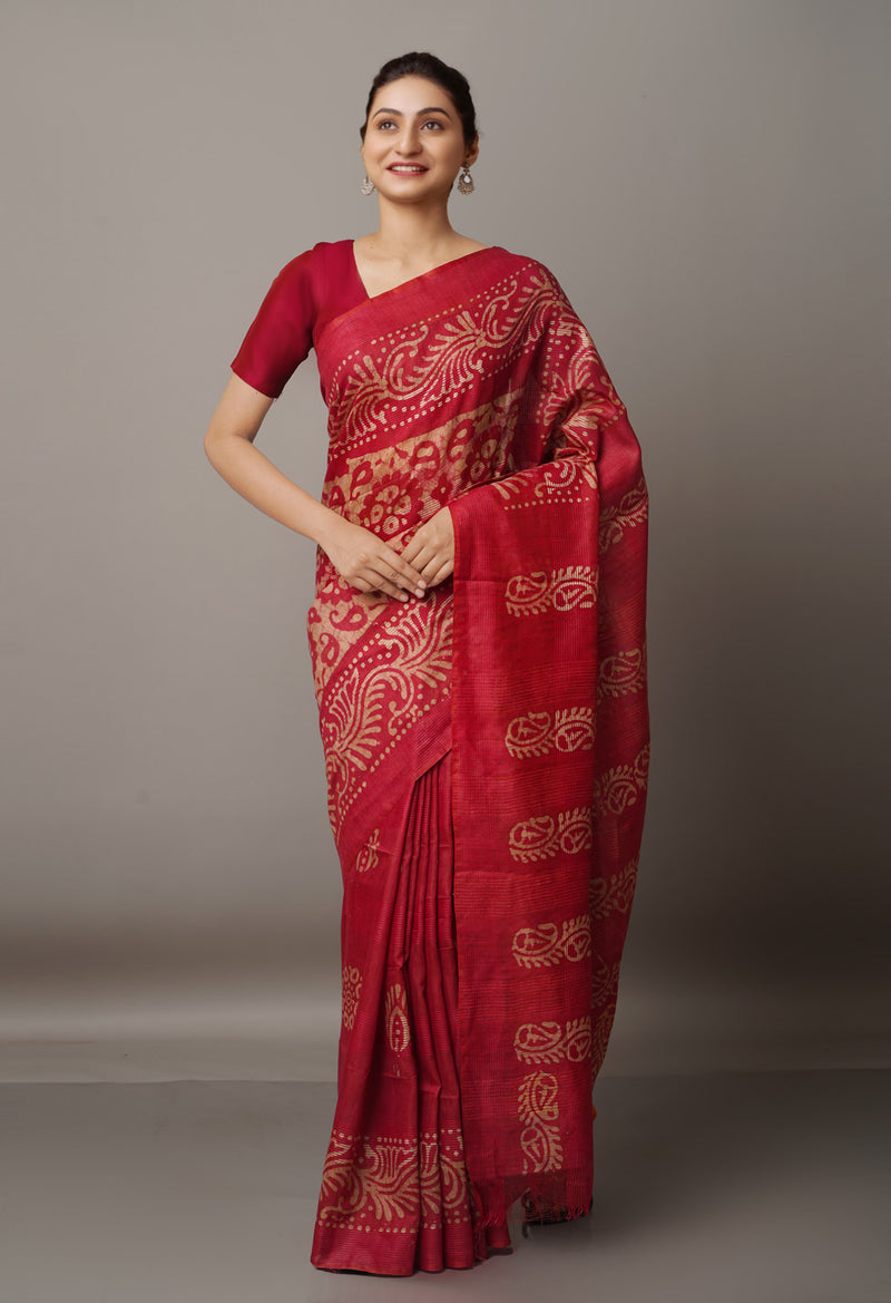 Tea Rose Pink Pure Batik Bhagalpuri Sico Saree-UNM67557