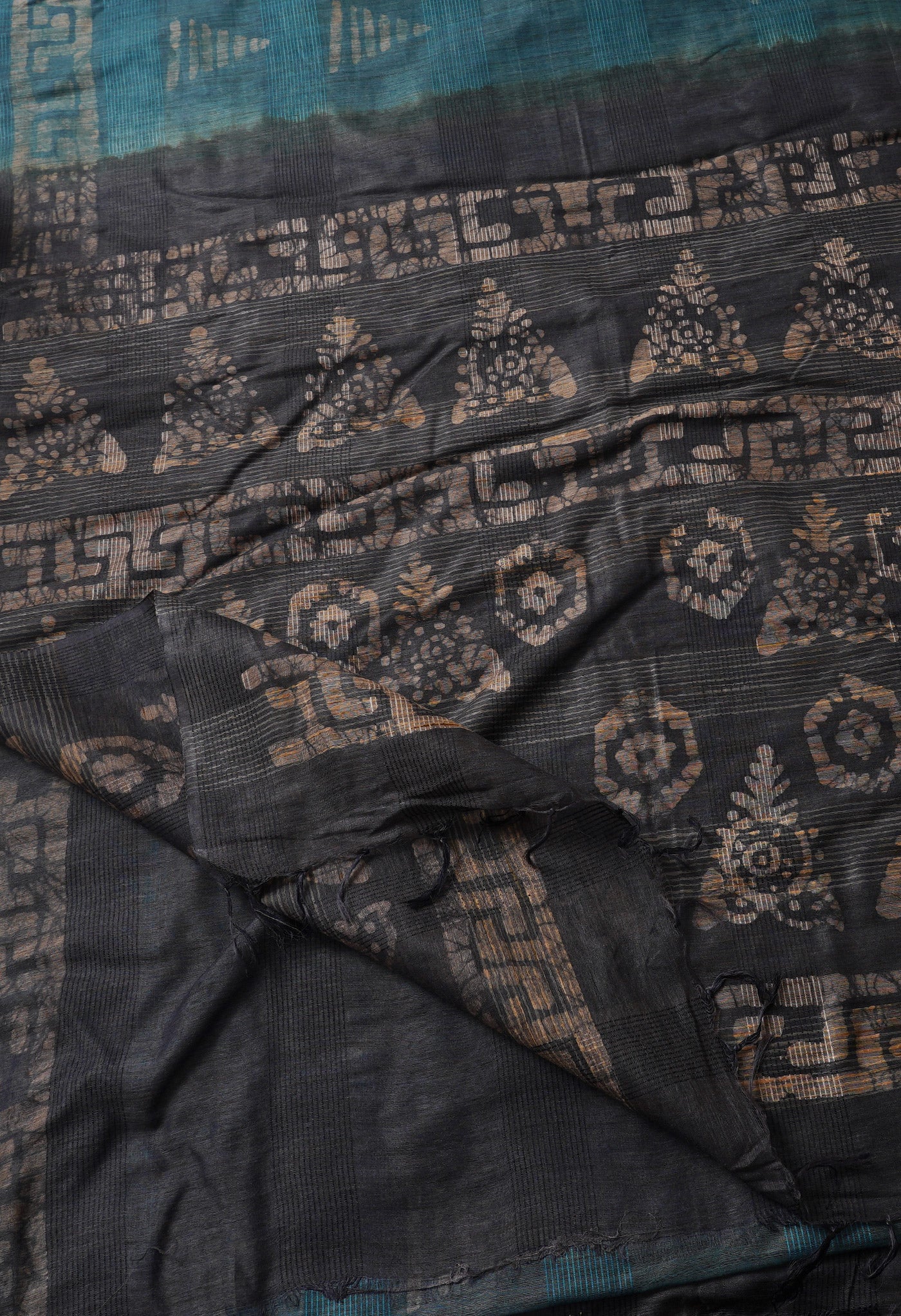 Teal Blue-Grey Pure Batik Bhagalpuri Sico Saree-UNM67562