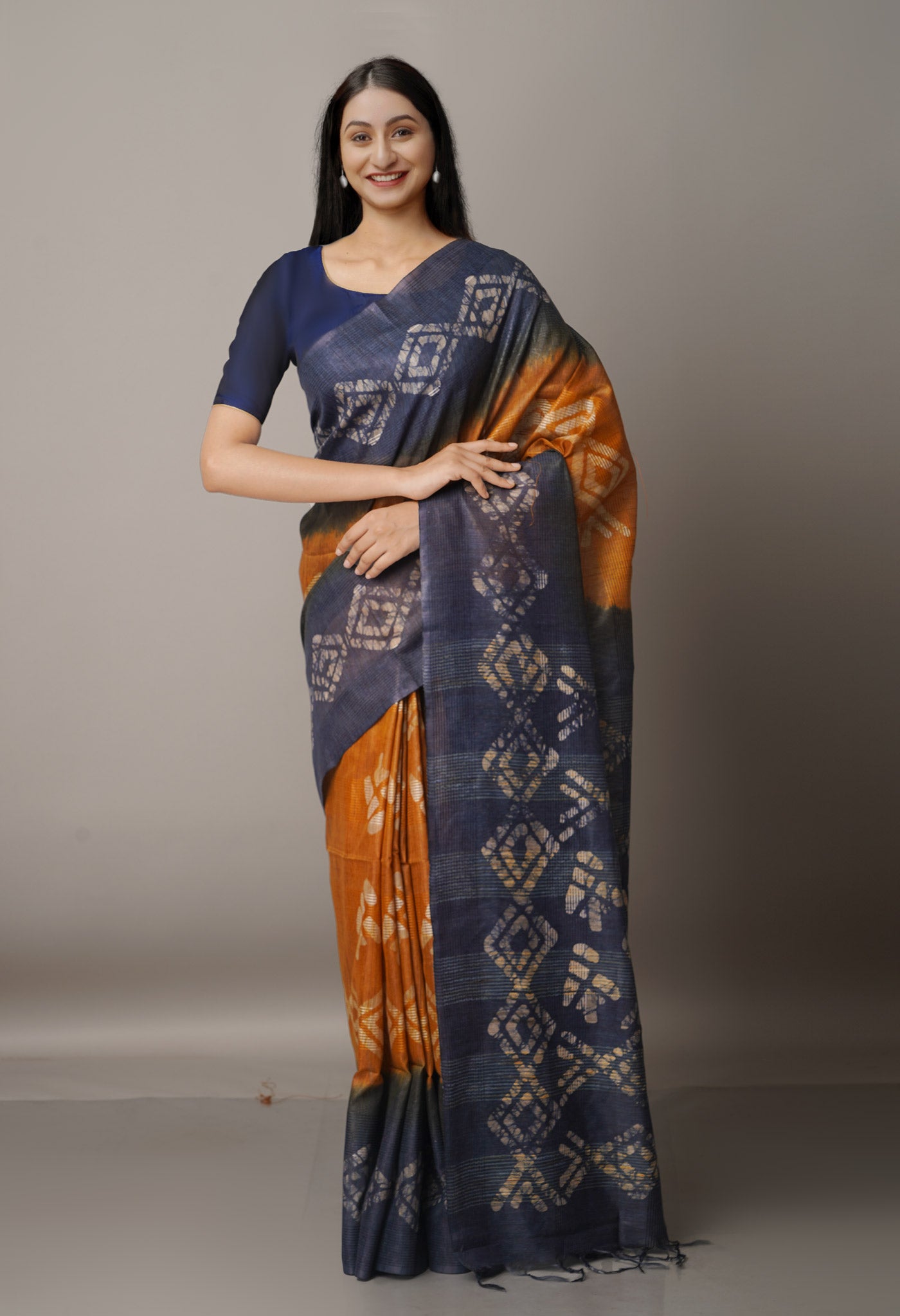 Brown-Blue Pure Batik Bhagalpuri Sico Saree-UNM67566