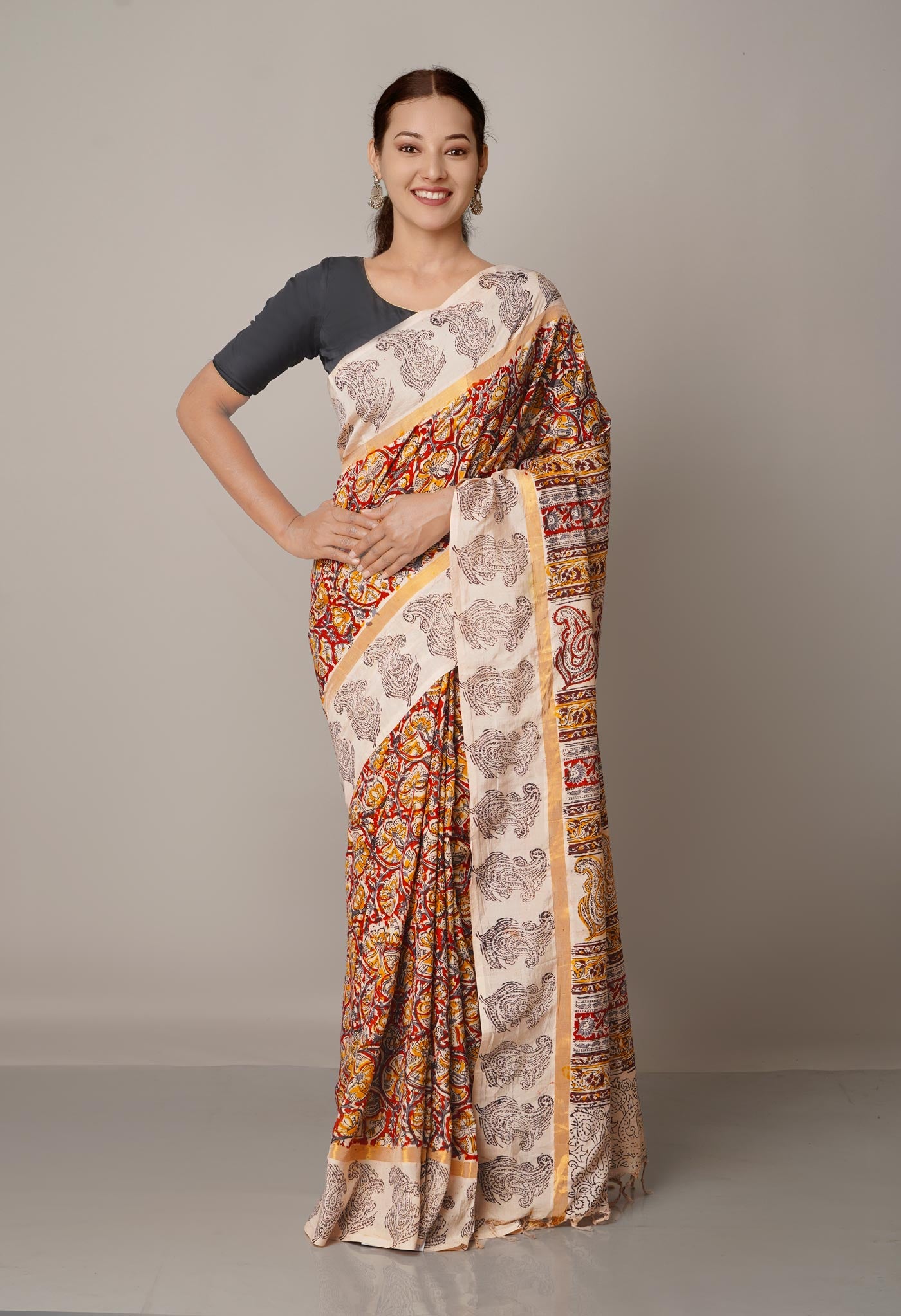 Multi Pure Kalamkari Block Printed Silk Saree-UNM67671