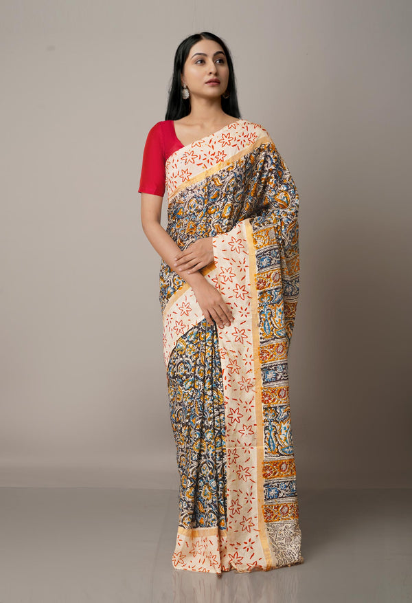 Multi Pure Kalamkari Block Printed Silk Saree-UNM67673