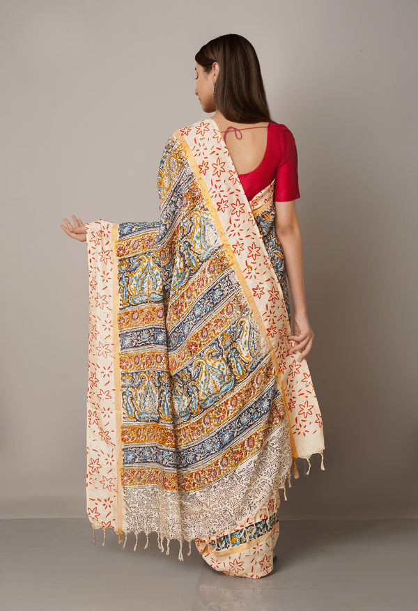 Multi Pure Kalamkari Block Printed Silk Saree-UNM67673