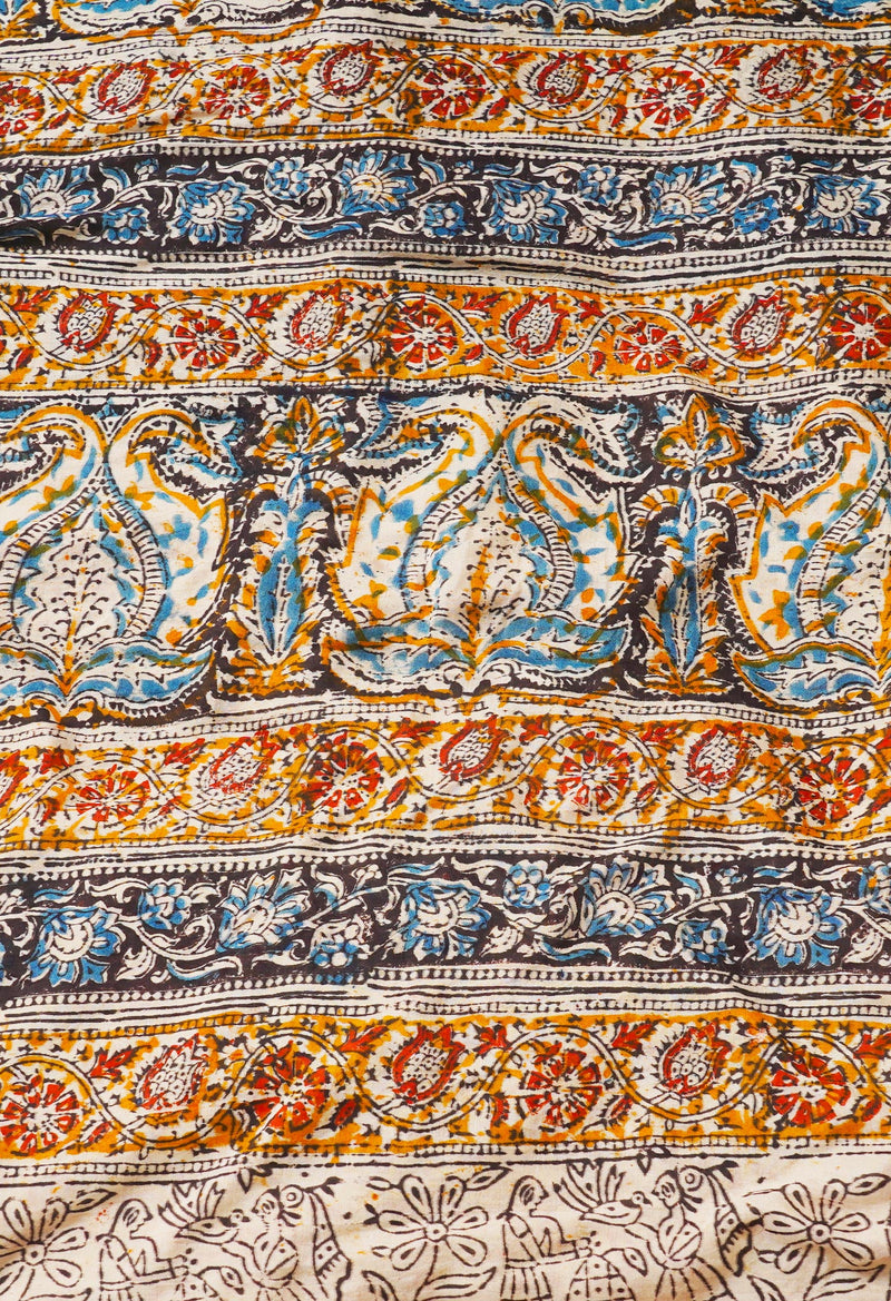 Multi Pure Kalamkari Block Printed Silk Saree-UNM67673