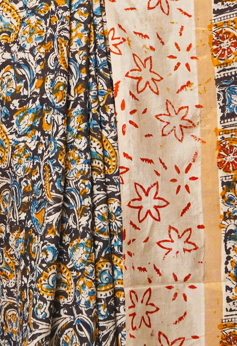Multi Pure Kalamkari Block Printed Silk Saree-UNM67673