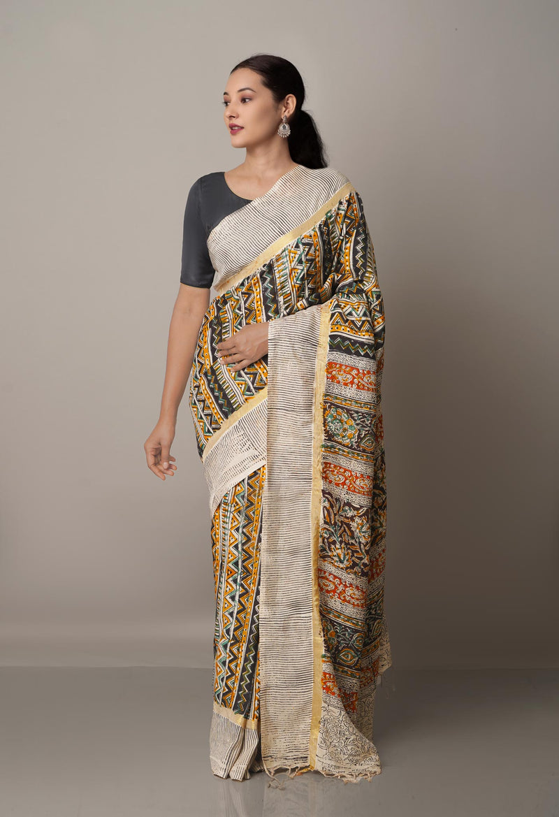 Multi Pure Kalamkari Block Printed Silk Saree-UNM67676