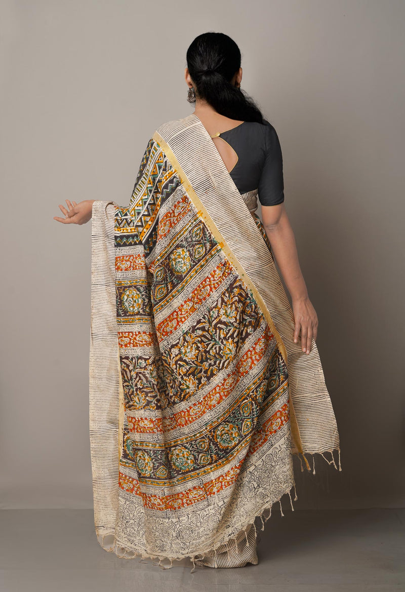 Multi Pure Kalamkari Block Printed Silk Saree-UNM67676