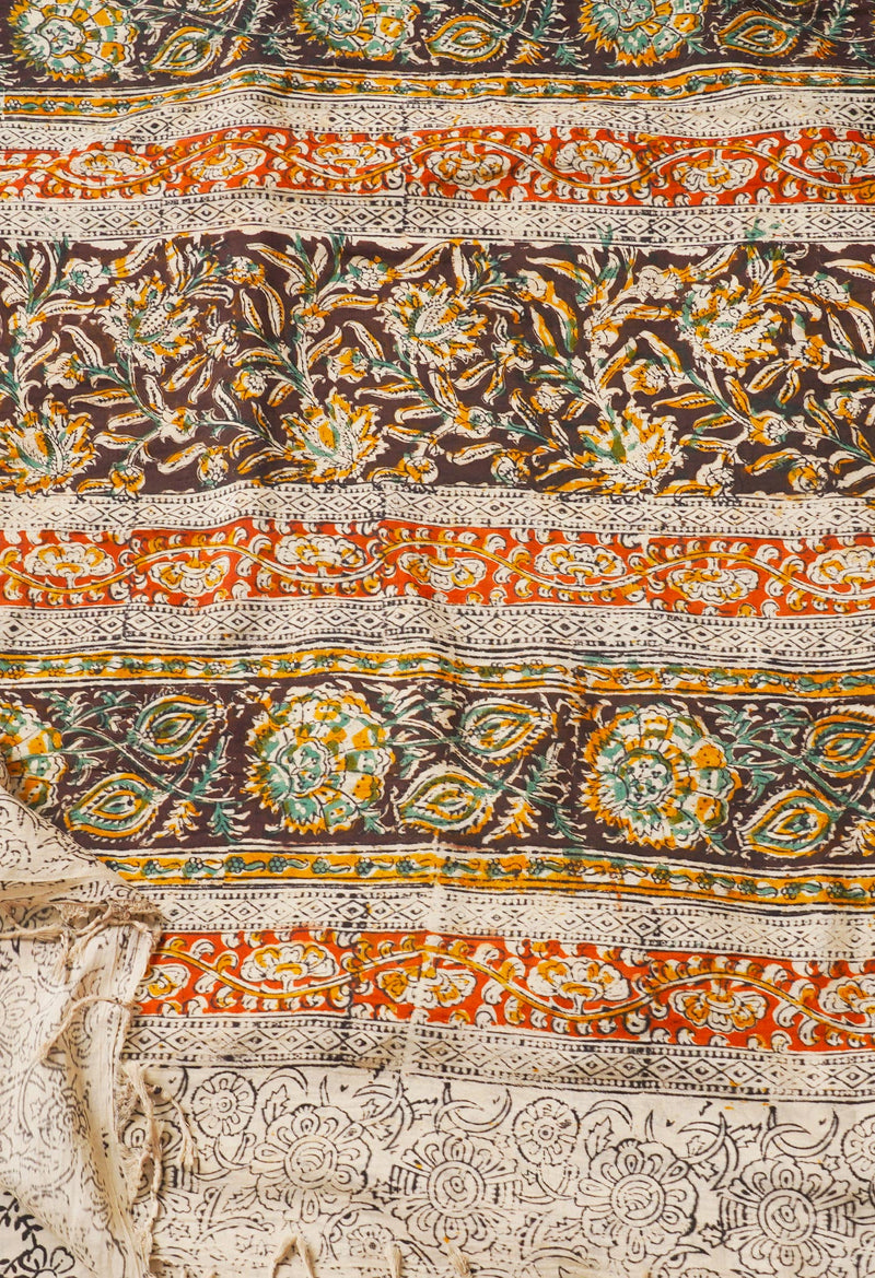 Multi Pure Kalamkari Block Printed Silk Saree-UNM67676