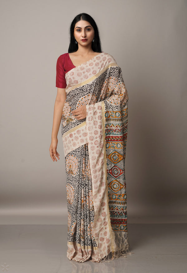 Multi Pure Kalamkari Block Printed Silk Saree-UNM67678