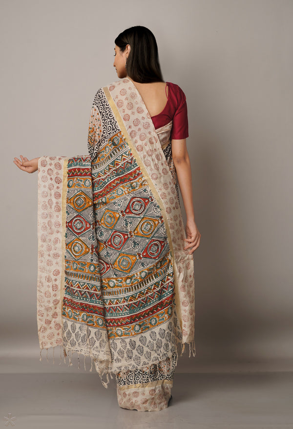 Multi Pure Kalamkari Block Printed Silk Saree-UNM67678