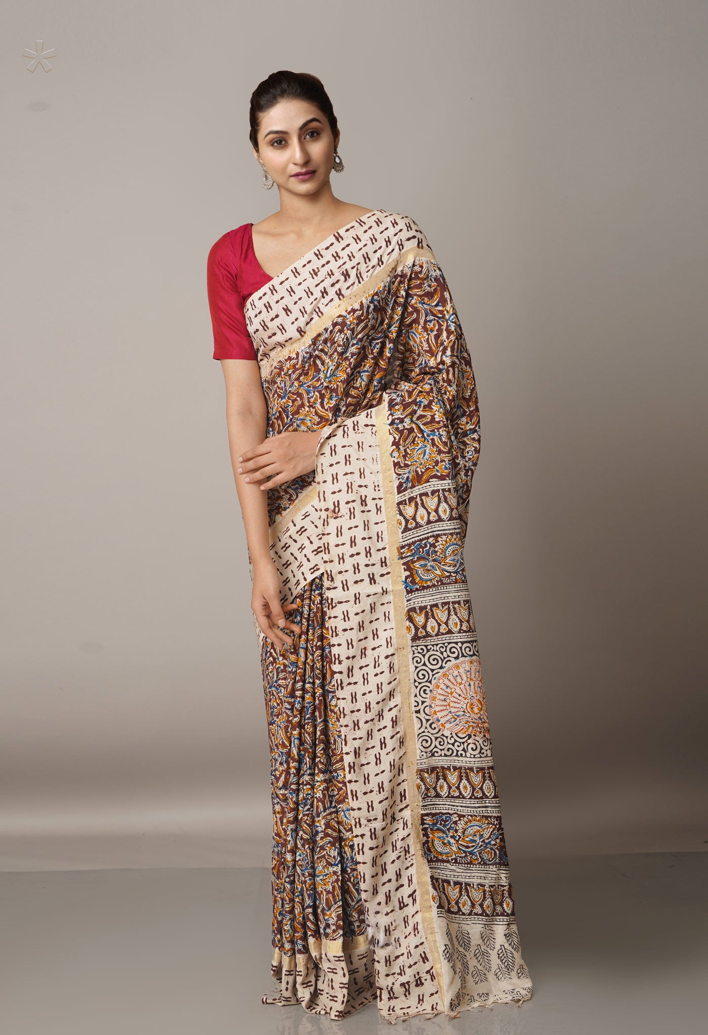 Multi Pure Kalamkari Block Printed Silk Saree-UNM67679