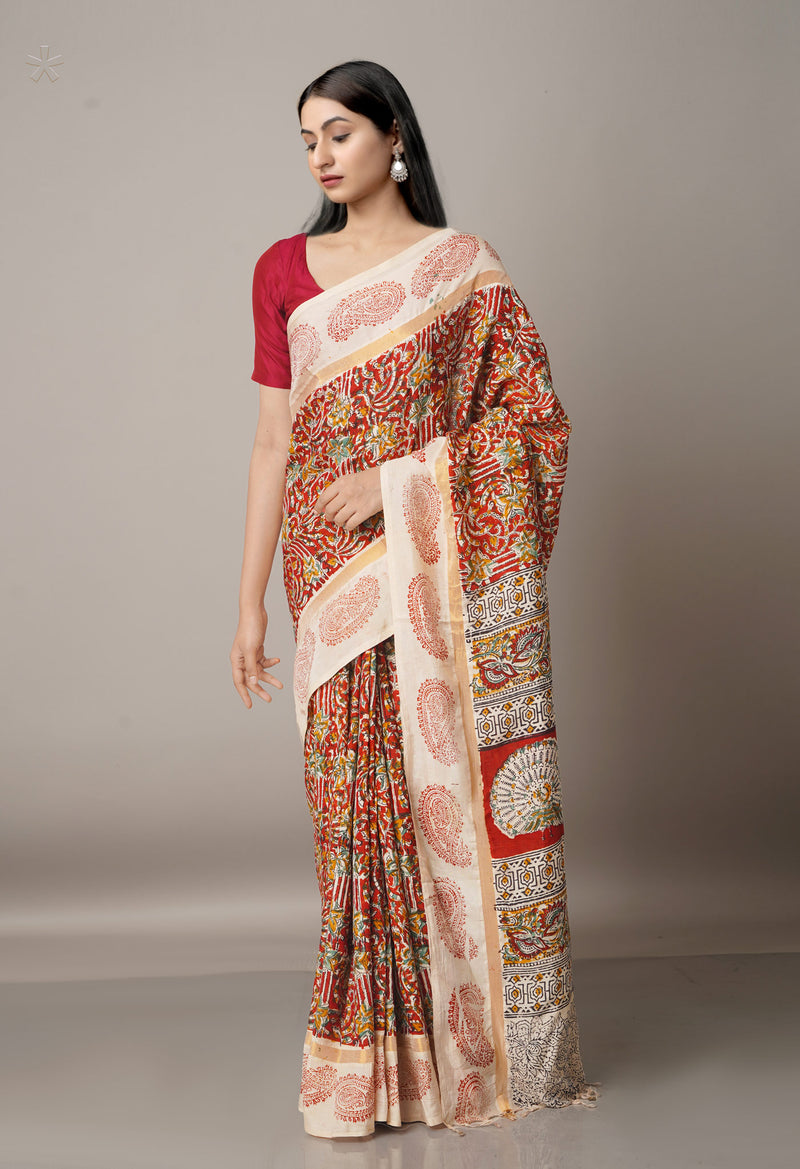 Multi Pure Kalamkari Block Printed Silk Saree-UNM67680