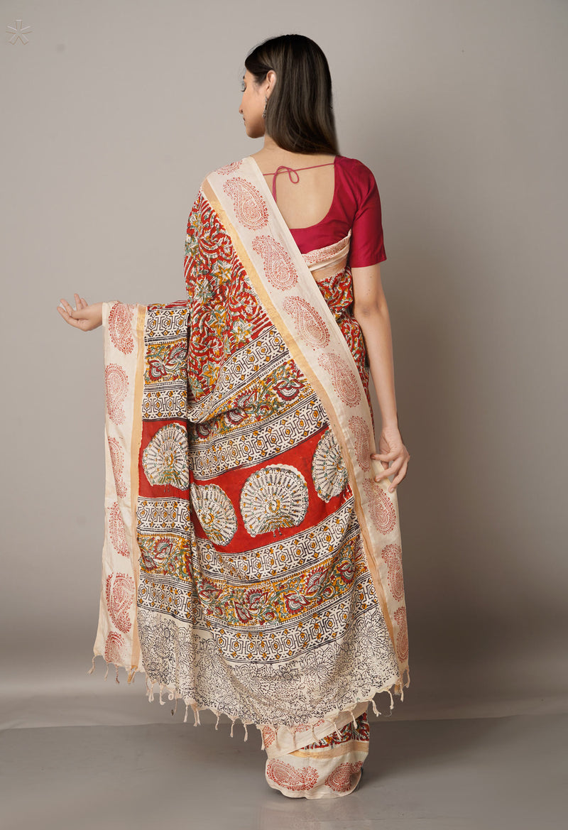 Multi Pure Kalamkari Block Printed Silk Saree-UNM67680