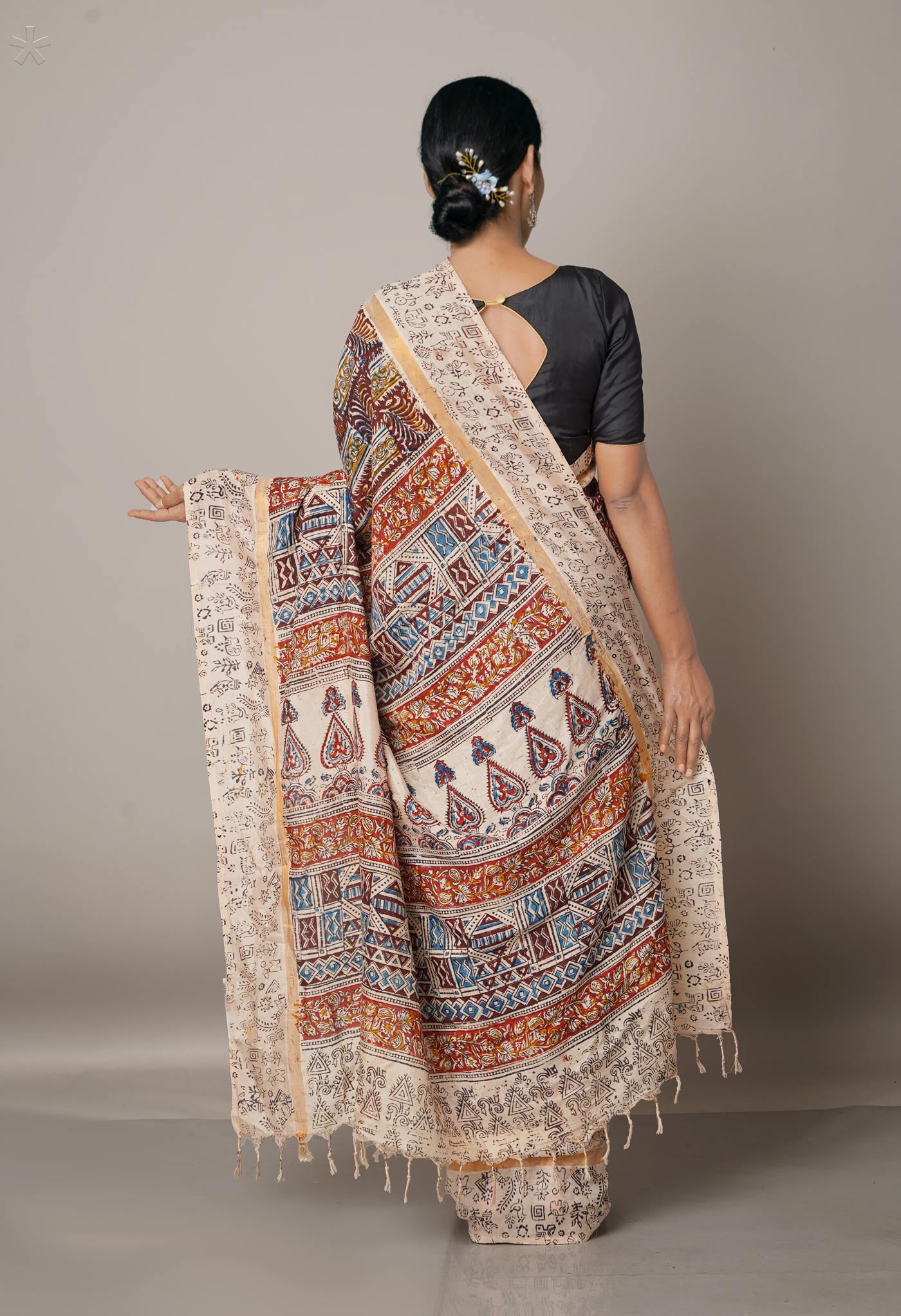 Multi Pure Kalamkari Block Printed Silk Saree-UNM67684