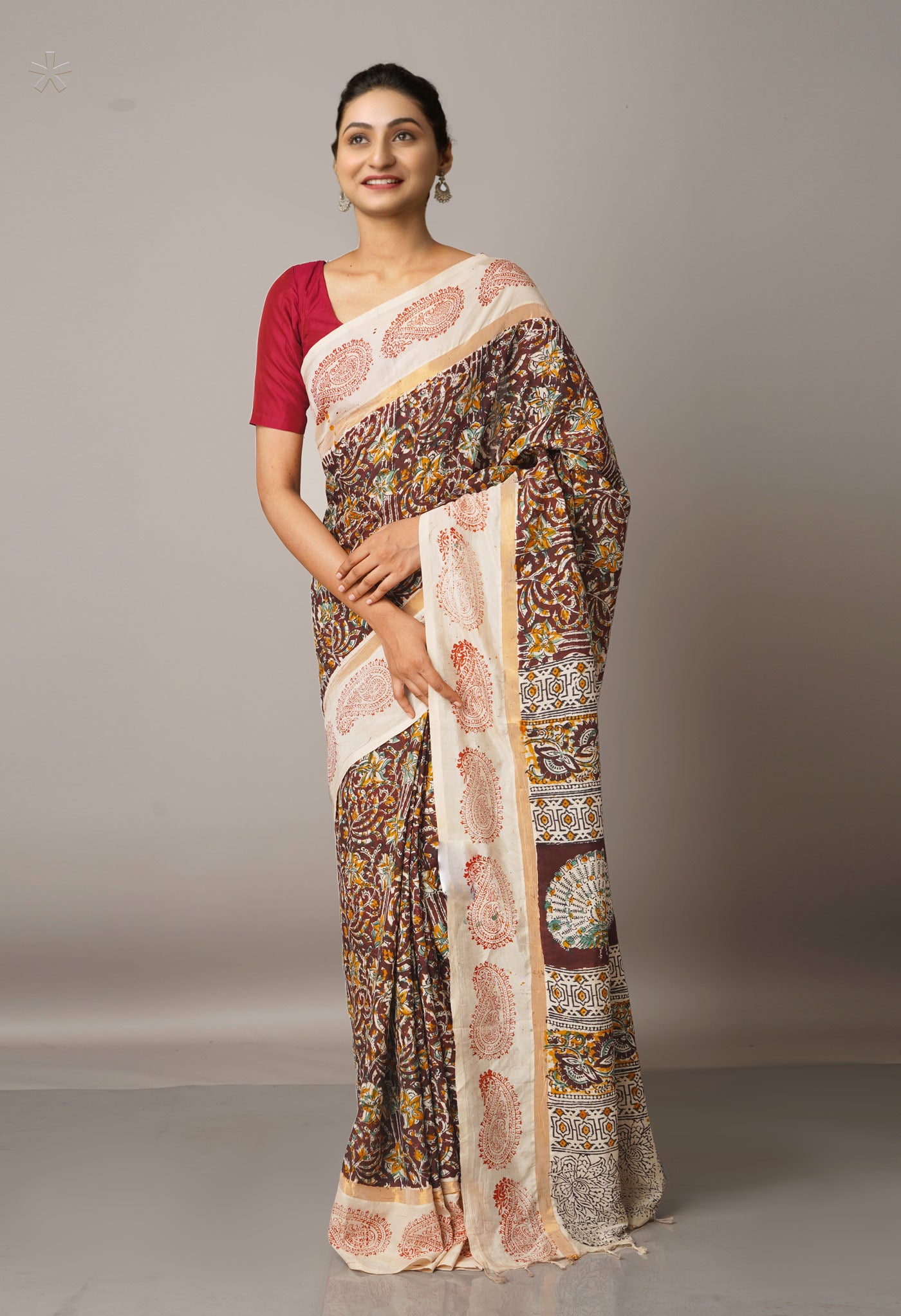 Multi Pure Kalamkari Block Printed Silk Saree-UNM67685