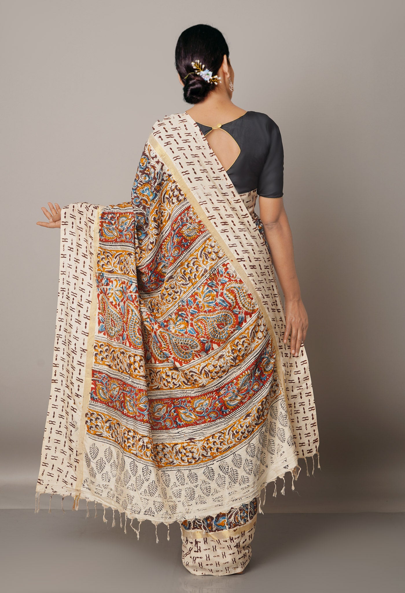 Multi Pure Kalamkari Block Printed Silk Saree-UNM67686