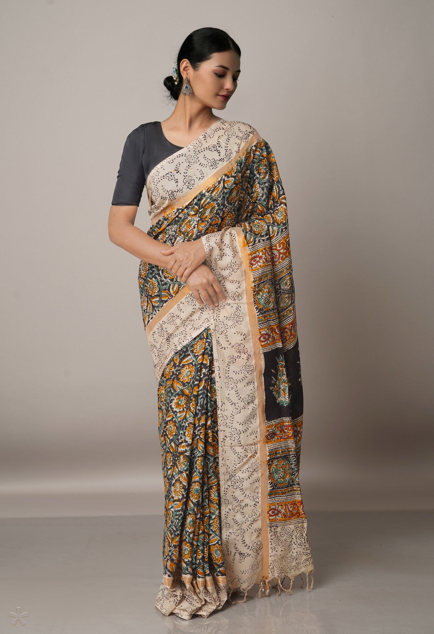 Multi Pure Kalamkari Block Printed Silk Saree-UNM67696