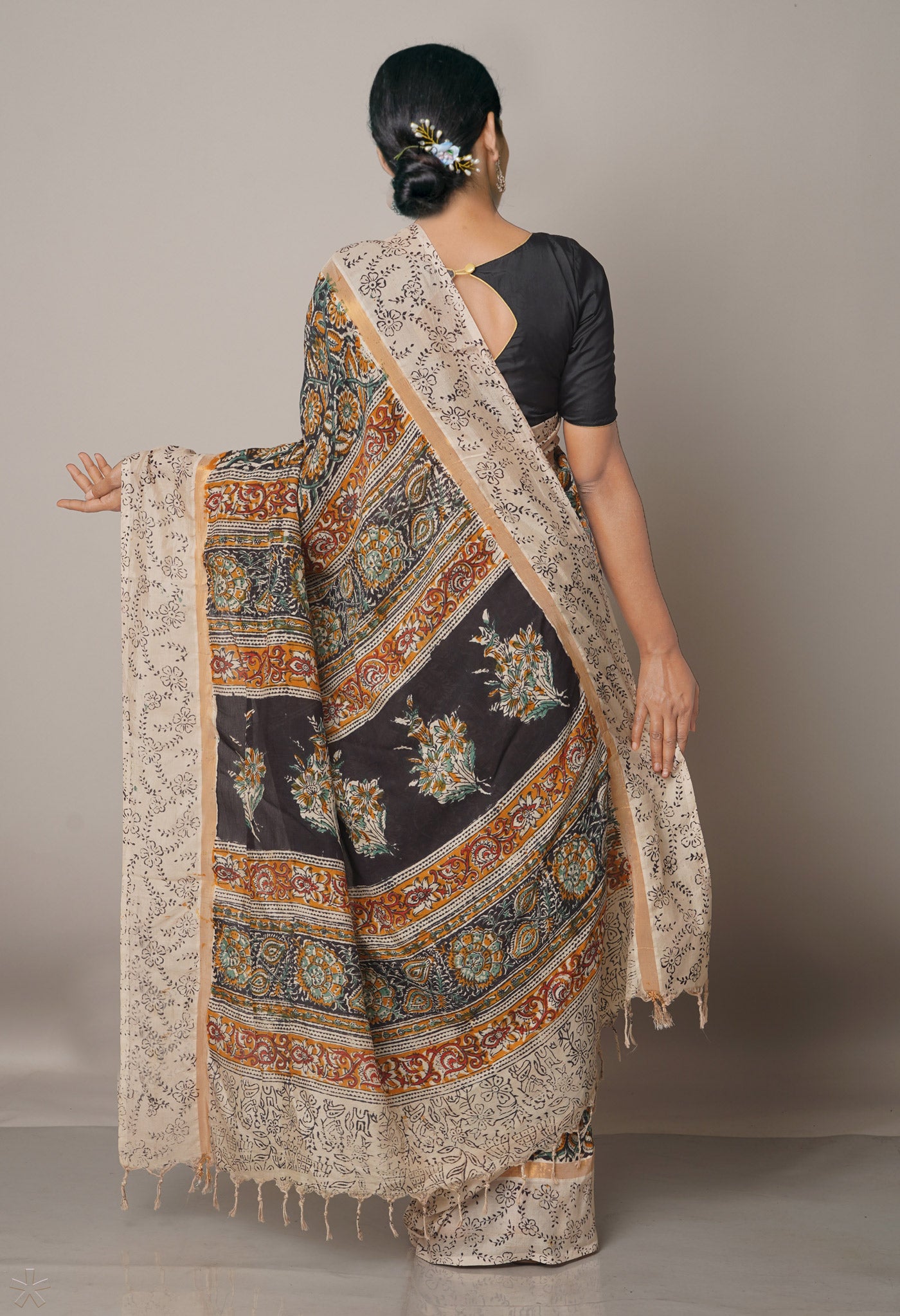 Multi Pure Kalamkari Block Printed Silk Saree-UNM67696