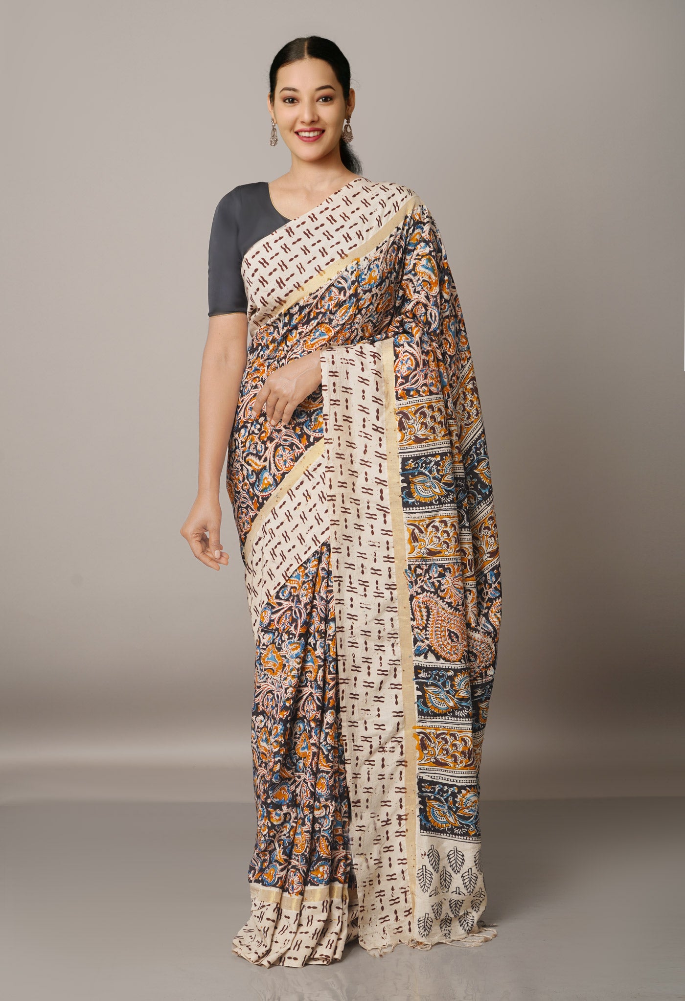 Multi Pure Kalamkari Block Printed Silk Saree