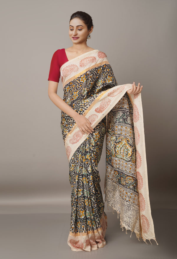 Multi Pure Kalamkari Block Printed Silk Saree-UNM67703