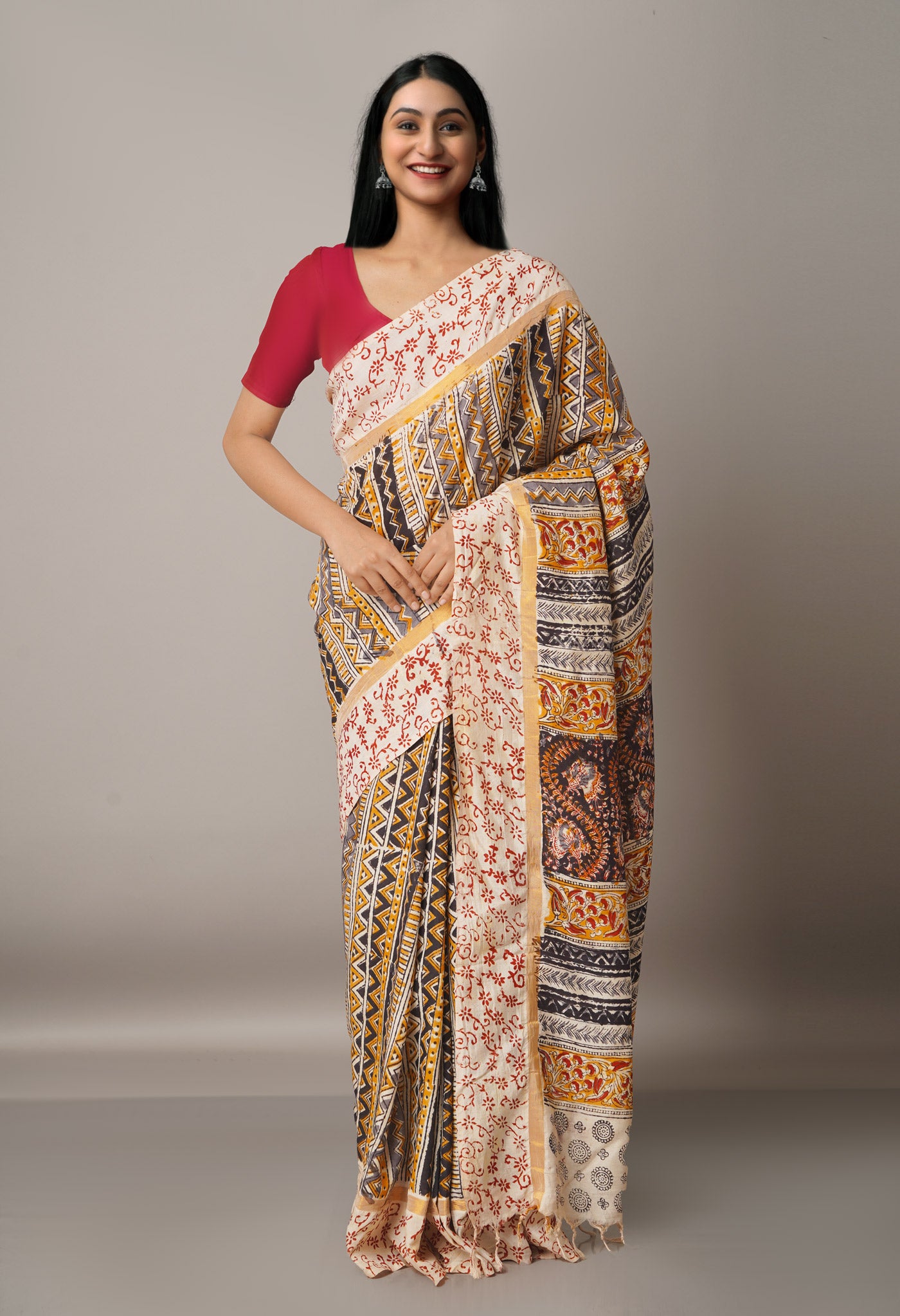 Multi Pure Kalamkari Block Printed Silk Saree-UNM67704