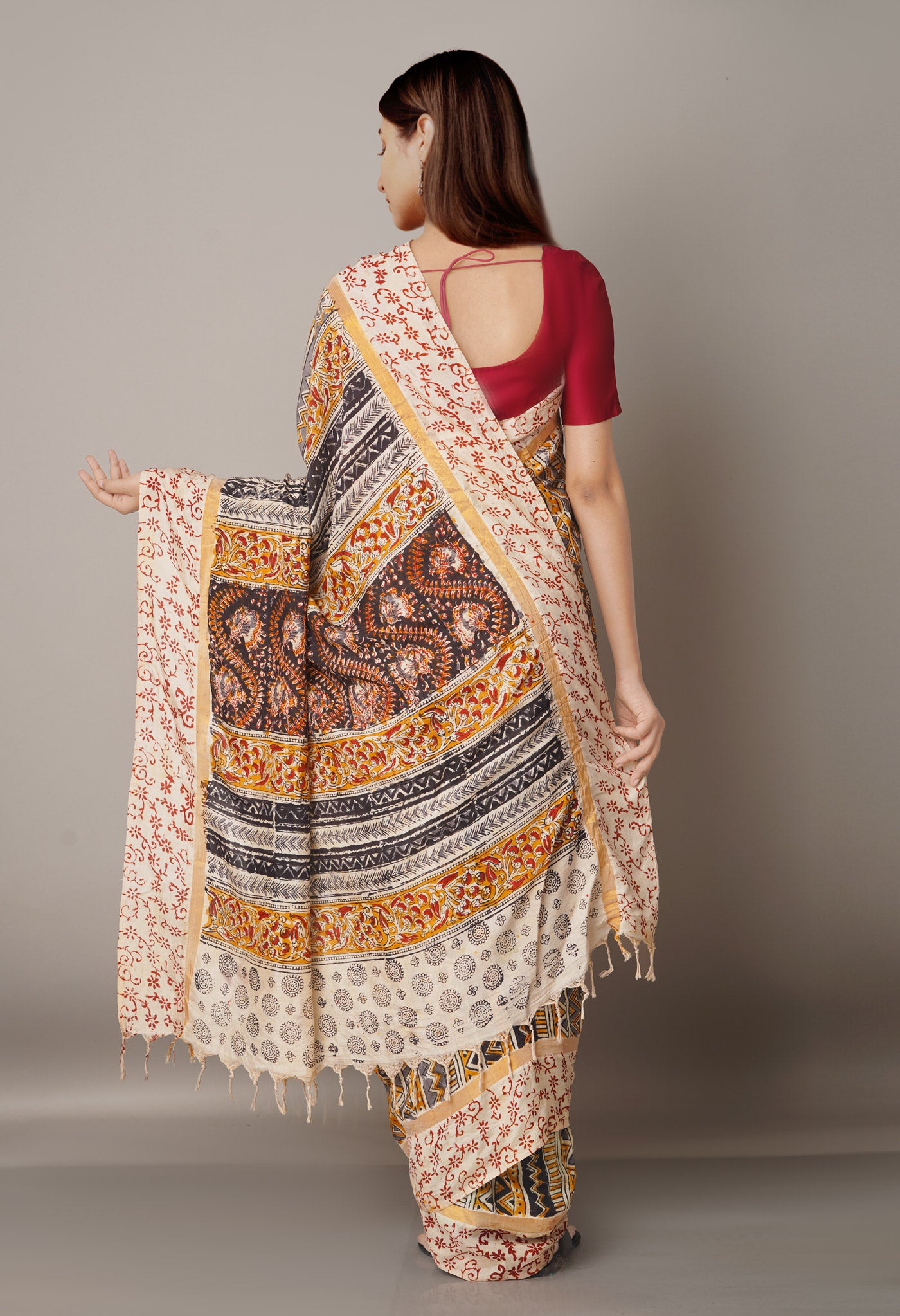 Multi Pure Kalamkari Block Printed Silk Saree-UNM67704