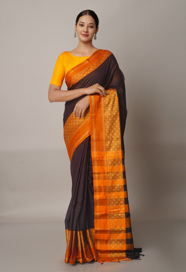 Dark Brown Pure Handloom Pavani Narayanpet Cotton Silk Saree-UNM67708
