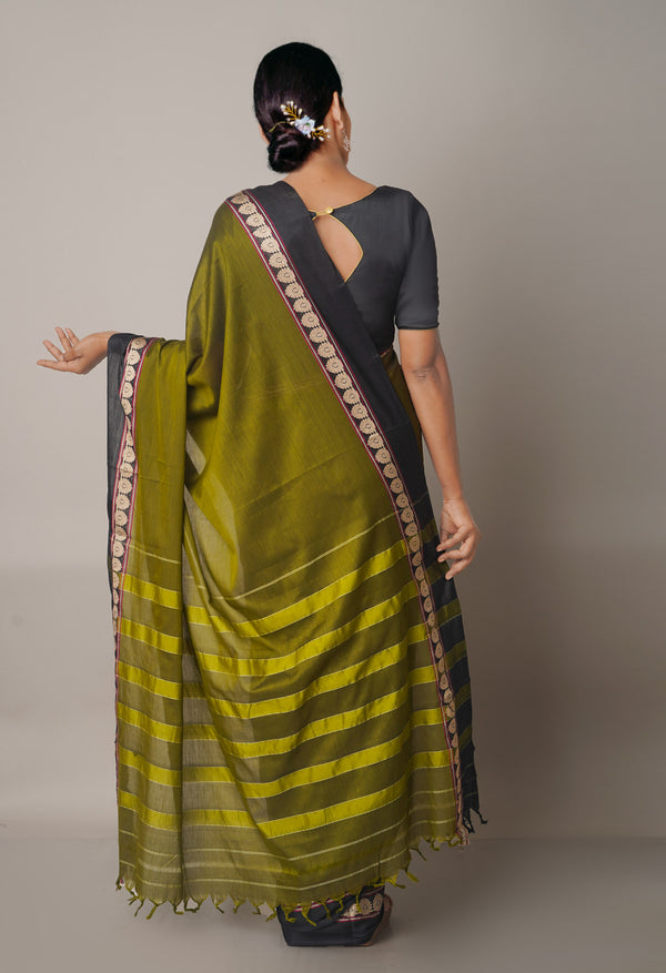 Green-Black Pure Handloom Pavani Narayanpet Cotton Silk Saree-UNM67718