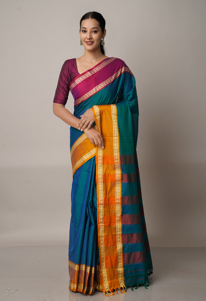 Teal Blue Pure Handloom Pavani Narayanpet Cotton Silk Saree-UNM67727