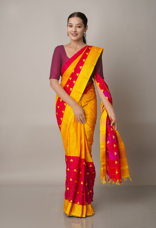 Yellow-Pink Pure Handloom Pavani Narayanpet Cotton Silk Saree-UNM67735