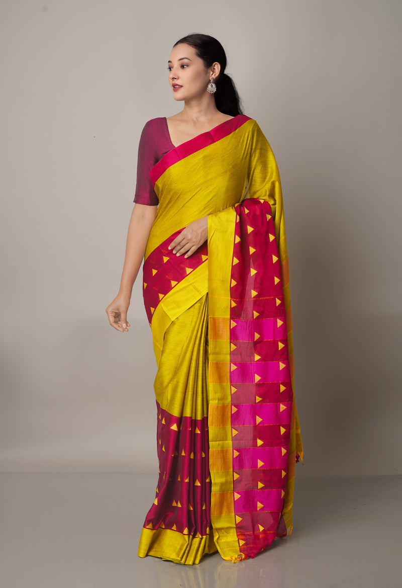 Lemon Yellow-Pink Pure Handloom Pavani Narayanpet Cotton Silk Saree-UNM67737