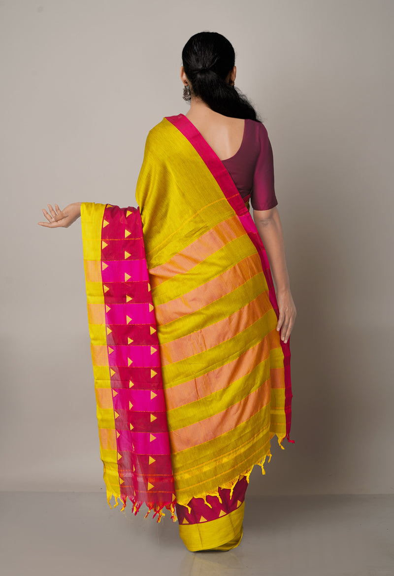 Lemon Yellow-Pink Pure Handloom Pavani Narayanpet Cotton Silk Saree-UNM67737