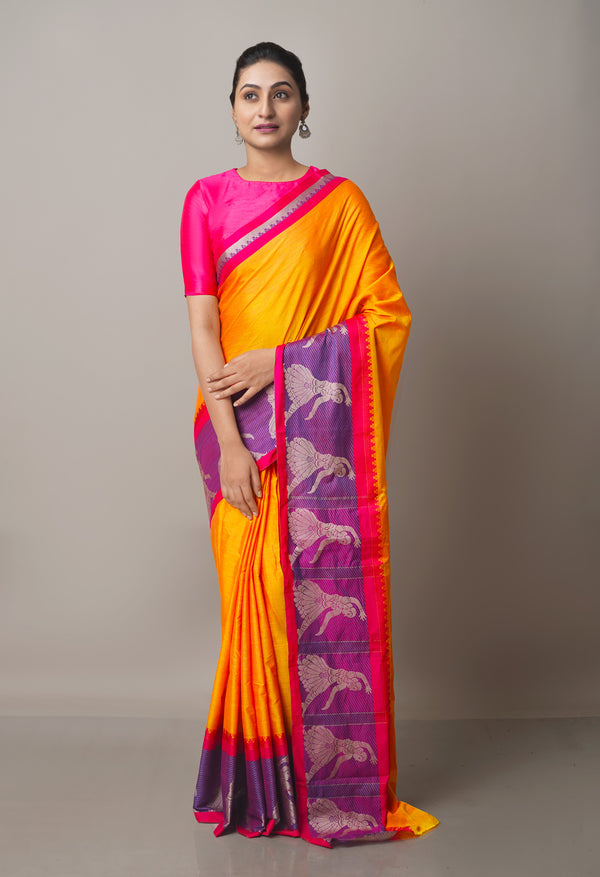 Peach Orange Pure Handloom Pavani Narayanpet Cotton Silk Saree-UNM67748