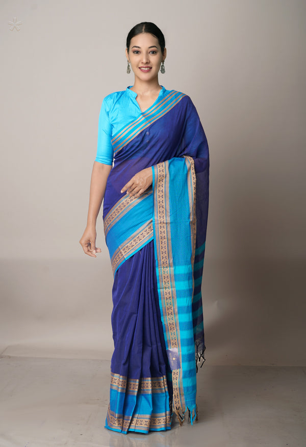 Navy Blue Pure Handloom Pavani Narayanpet Cotton Saree-UNM67760