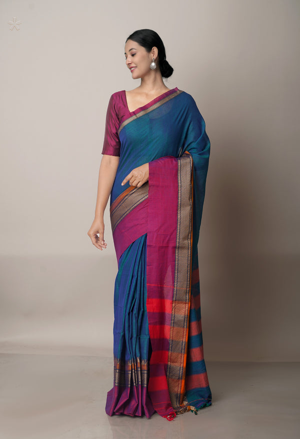 Teal Blue Pure Handloom Pavani Narayanpet Cotton Saree-UNM67782