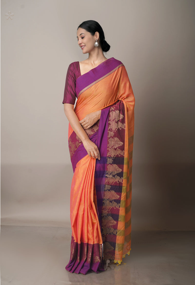 Orange-Purple Pure Handloom Pavani Narayanpet Cotton Saree-UNM67783