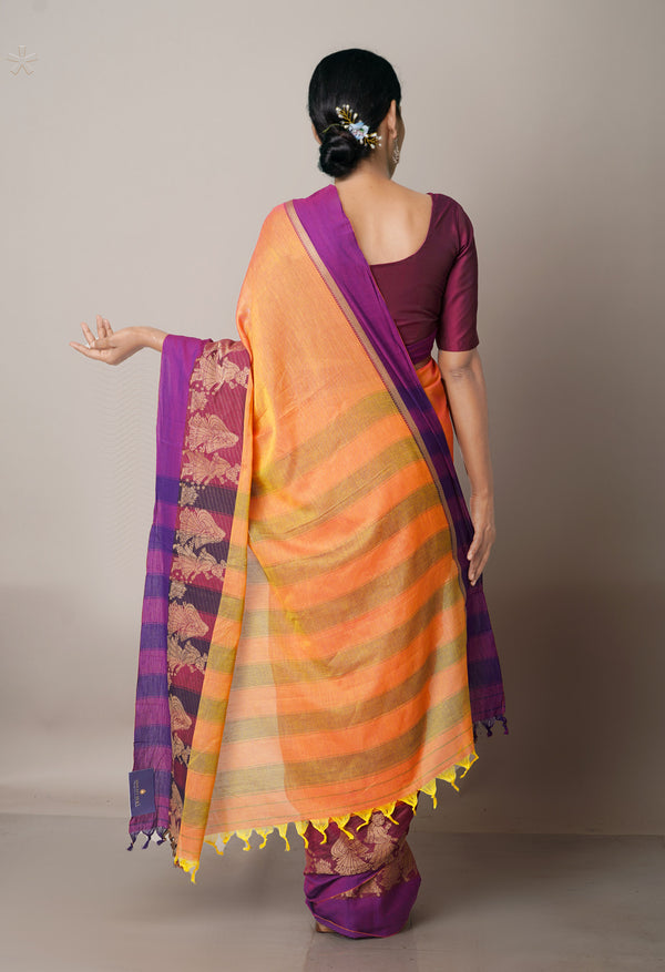 Orange-Purple Pure Handloom Pavani Narayanpet Cotton Saree-UNM67783