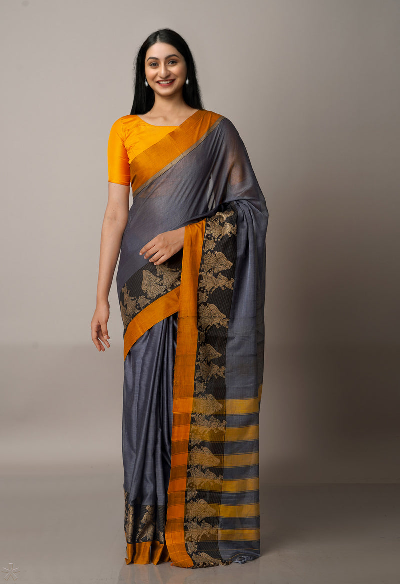 Grey-Orange Pure Handloom Pavani Narayanpet Cotton Saree-UNM67785