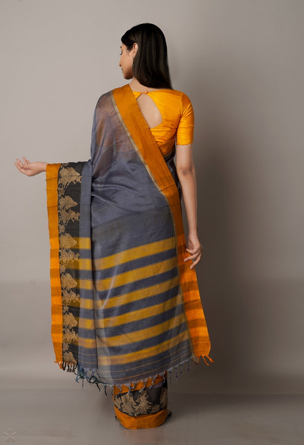 Grey-Orange Pure Handloom Pavani Narayanpet Cotton Saree-UNM67785