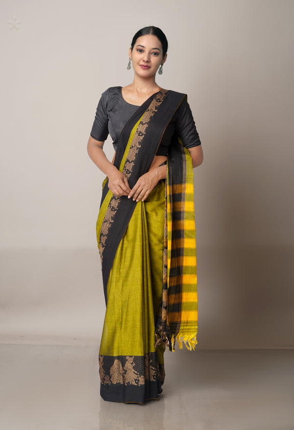 Mehandi Green-Black Pure Handloom Pavani Narayanpet Cotton Saree-UNM67786