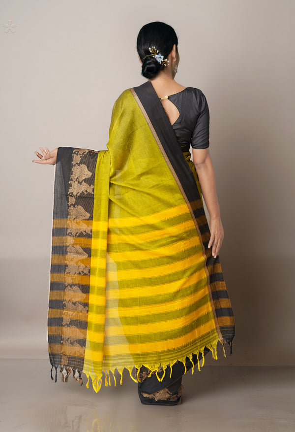 Mehandi Green-Black Pure Handloom Pavani Narayanpet Cotton Saree-UNM67786