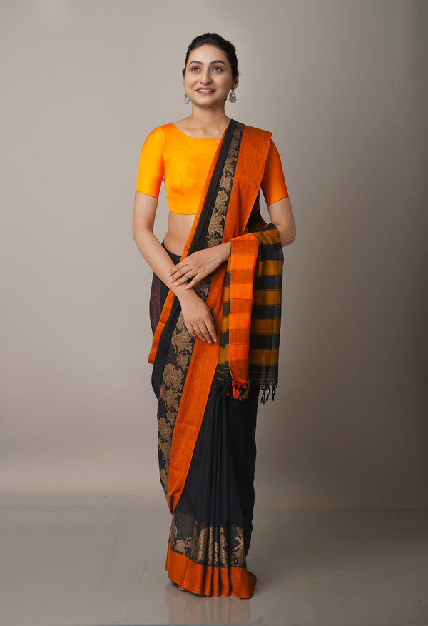 Black-Orange Pure Handloom Pavani Narayanpet Cotton Saree-UNM67787