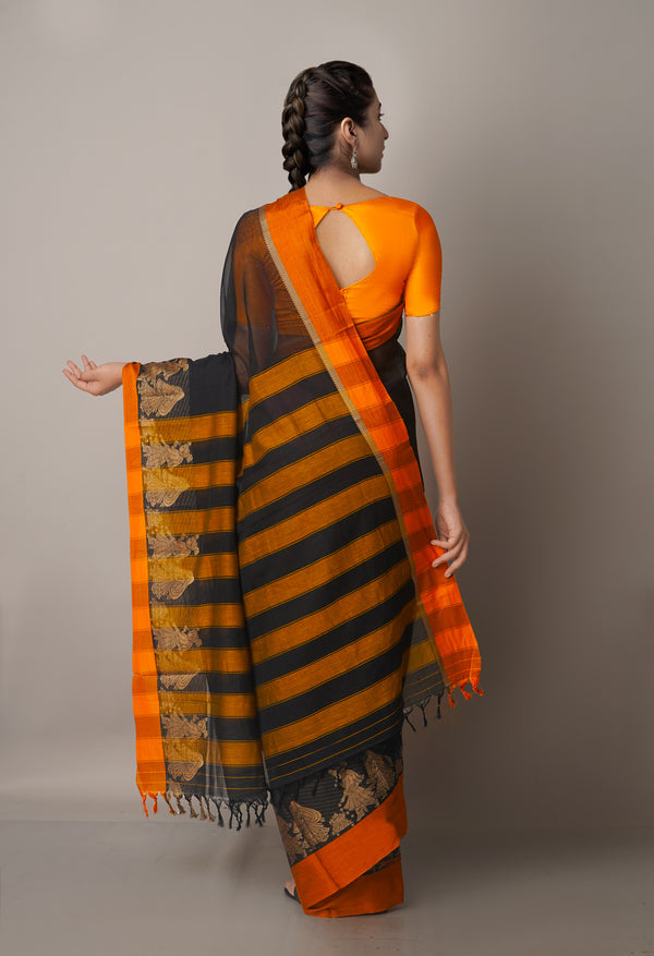 Black-Orange Pure Handloom Pavani Narayanpet Cotton Saree-UNM67787