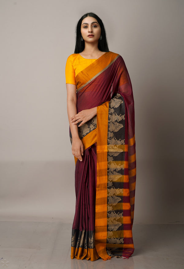 Maroon-Orange Pure Handloom Pavani Narayanpet Cotton Saree-UNM67788