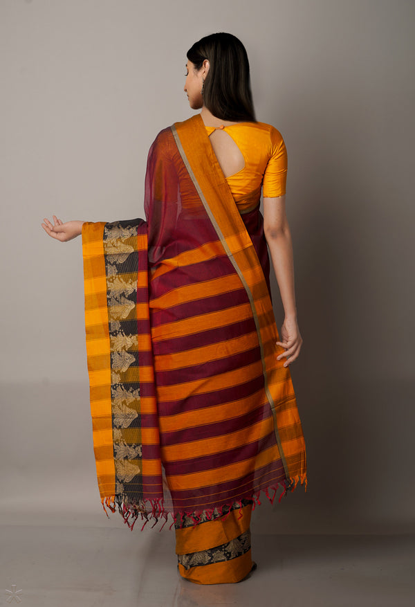 Maroon-Orange Pure Handloom Pavani Narayanpet Cotton Saree-UNM67788